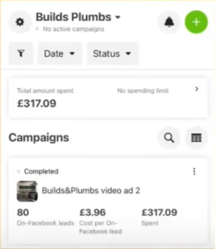 Builds & Plumbs Facebook Ads Manager results: 80 leads at £3.96 cost per lead